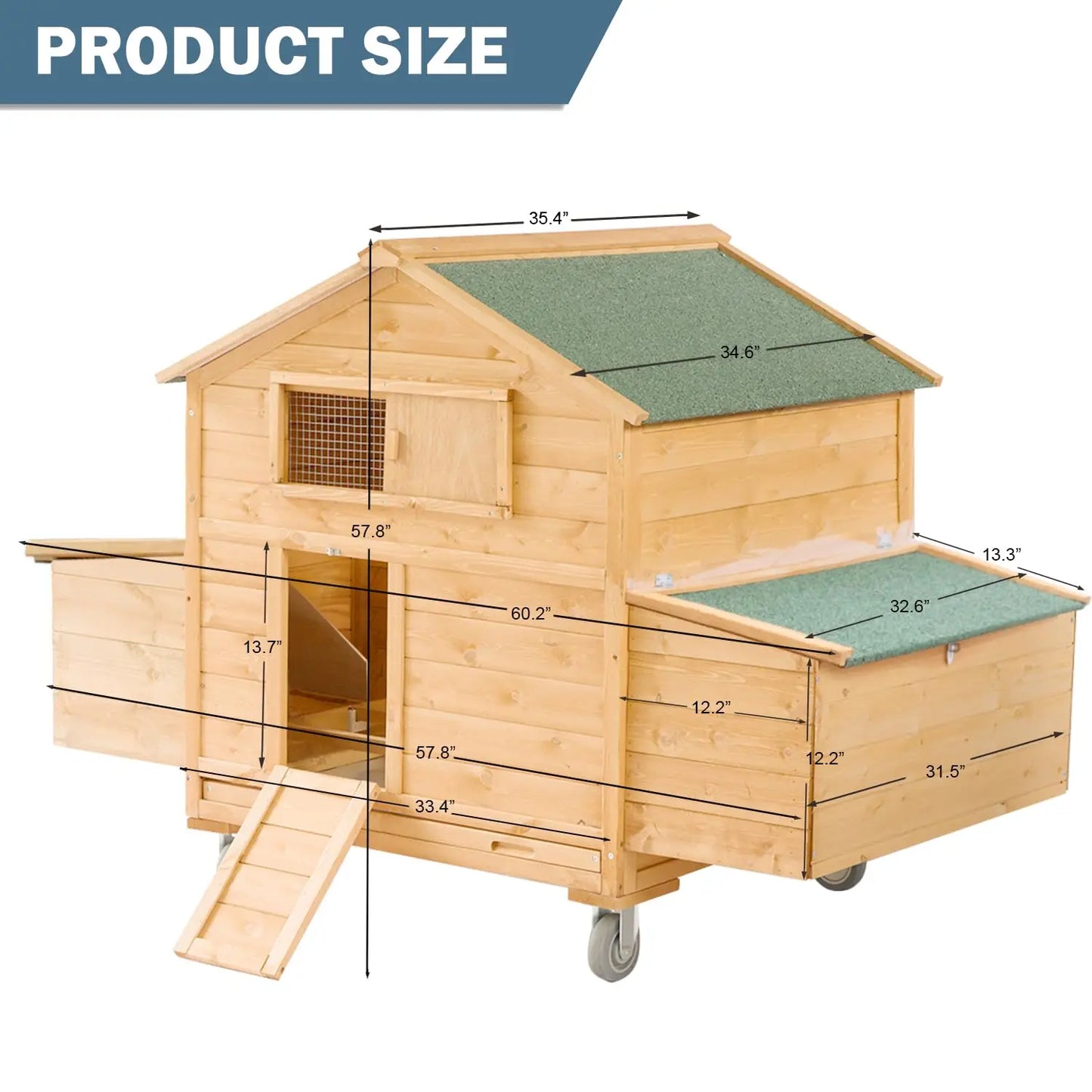 Large Chicken Coop with Wheels, Waterproof Outdoor Hen House for 6-8 Chickens, Movable Chicken House with Two, Customized