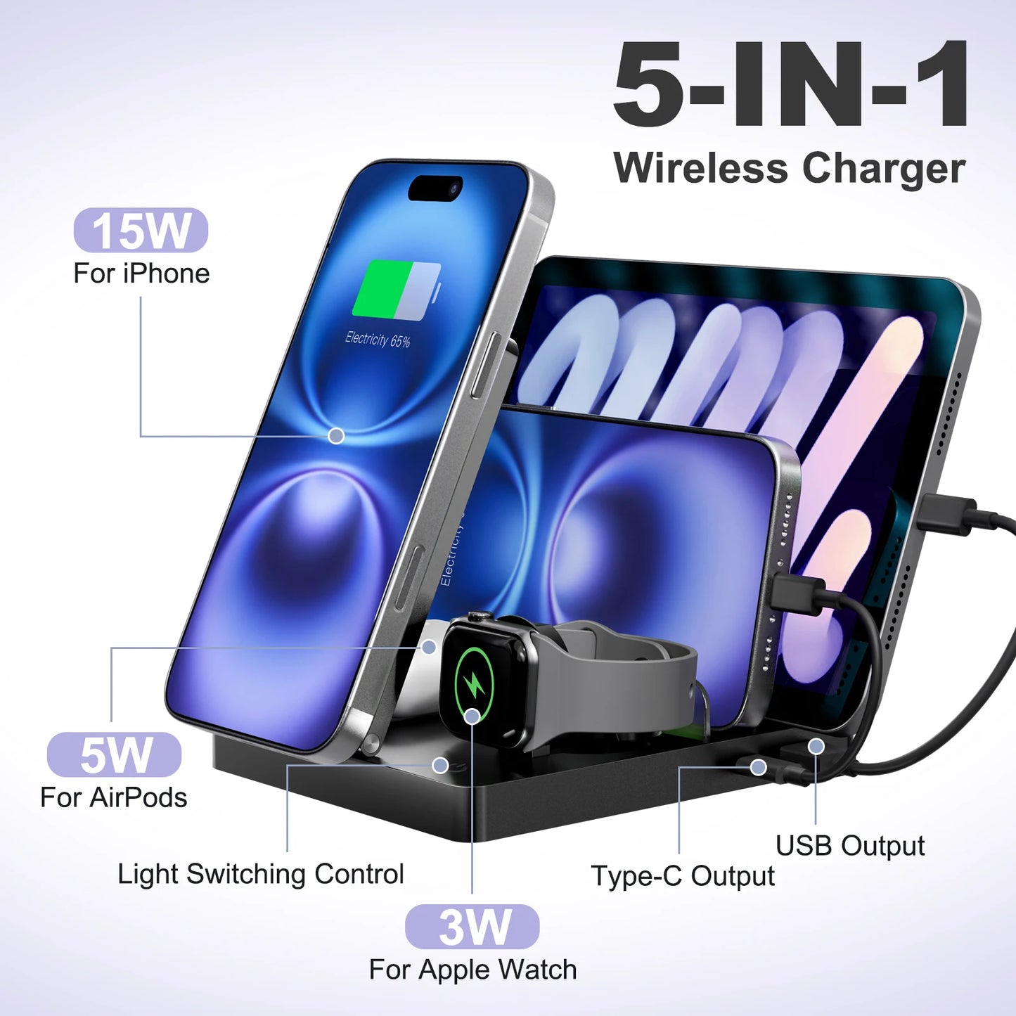 5-IN 1 Magnetic Wireless Charger Station Foldable 15W Fast Charging LED Light For iPhone 16~12 Pro Max Apple Watch AirPods