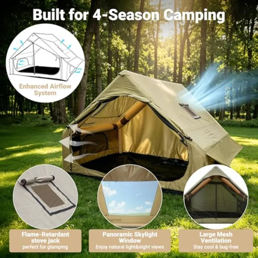 Glamping camping tent for 2-10 persons, heavy-duty waterproof windproof Oxford fabric, beige, quick 5-min setup with pump, pano
