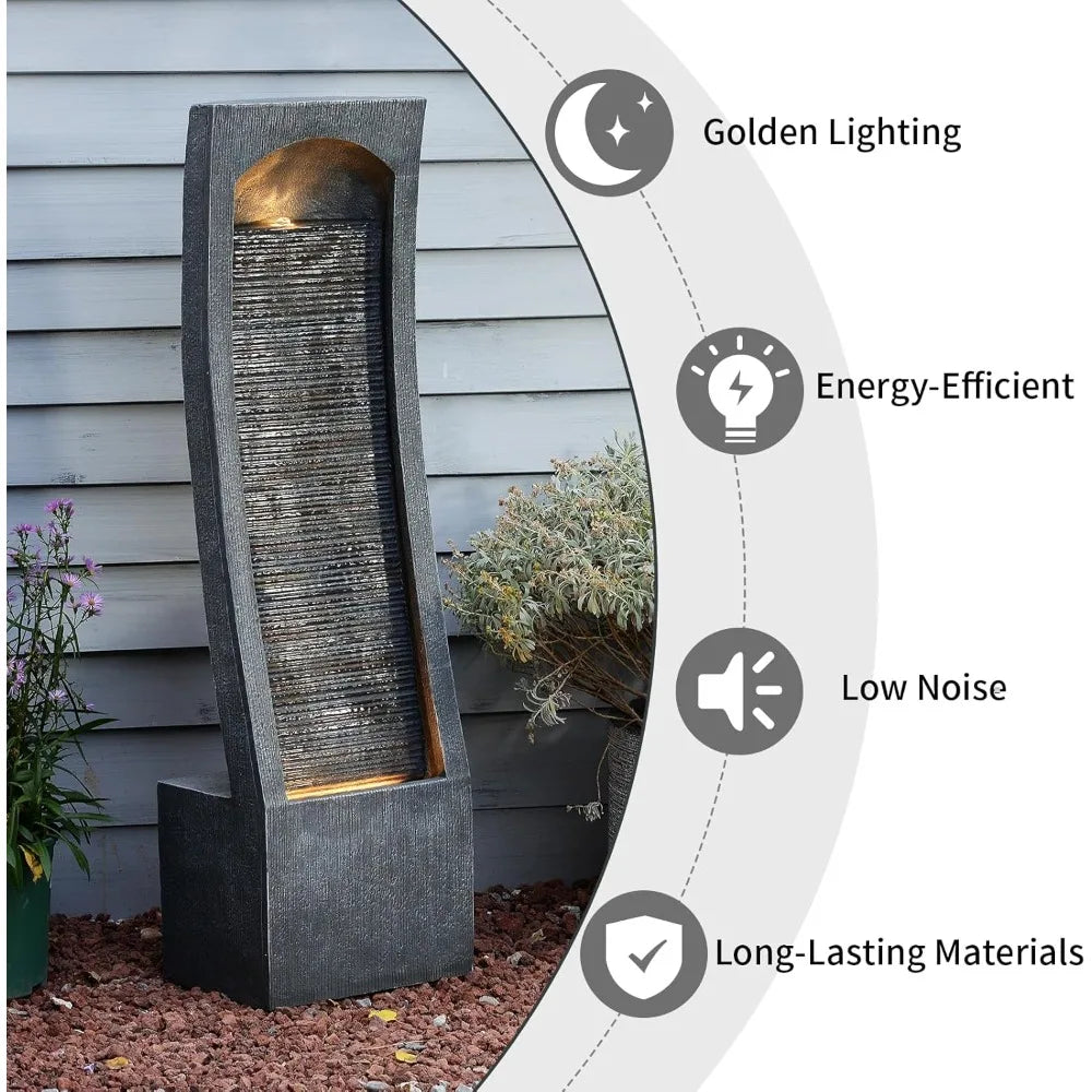 Modern Indoor Water Fountain Curved Faux Slate Waterfall Fountain with LED Lighting, 42.5-Inch Tall Tiered Waterfall Fountain fo