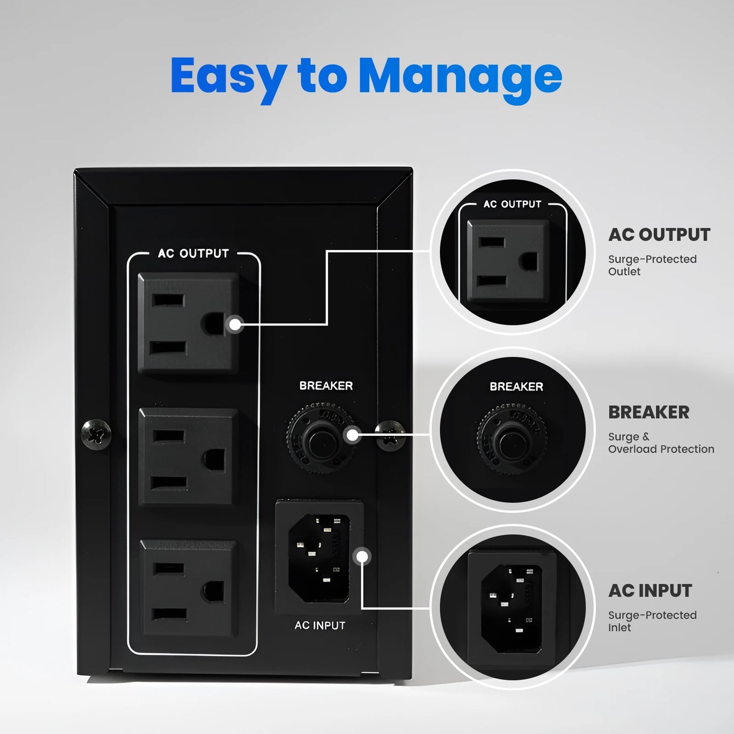 1000VA UPS Power Supply 600W Battery Backup Power with 3 Outlets Intelligent LCD Display Power Outage Protection
