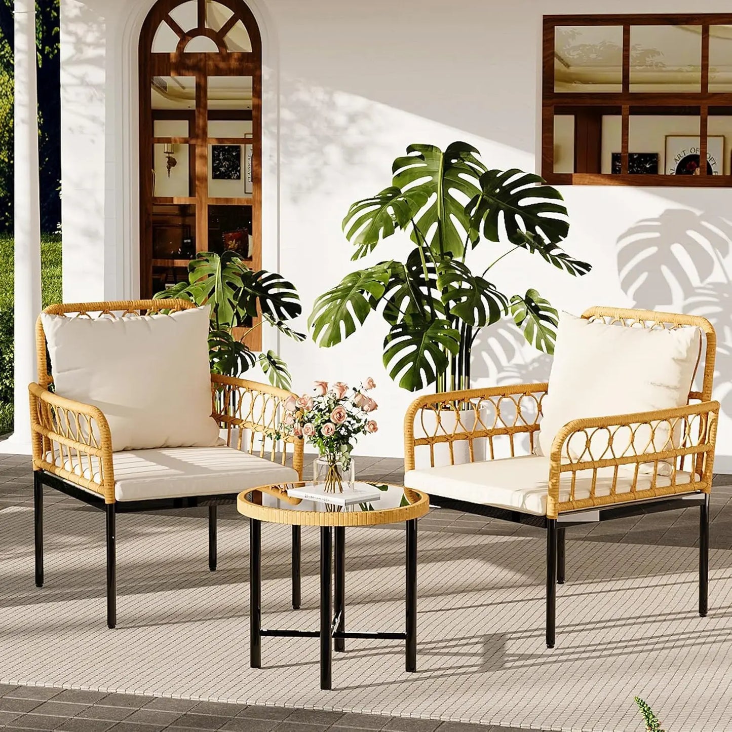 3-Piece All-Weather Wicker Rattan Bistro Patio Furniture Set with Glass Table and Thick Cushions, Beige - Ideal for, Customized