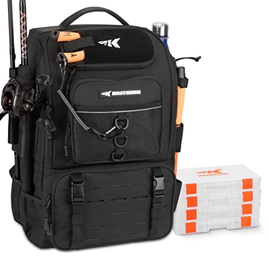 KarryAll Fishing Tackle Backpack with Rod Holder 4 Tackle Boxes, 40/26L Tackle Bag Storage Fishing Gear and Equipment