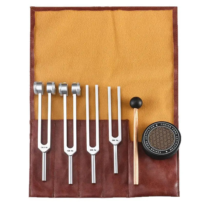 Tuning Forks Set, Includes 128Hz, 136Hz, 256Hz, 384Hz & Activator, Portable in Red Leather Pouch, Grade Sound Instruments for Chakra, Yoga