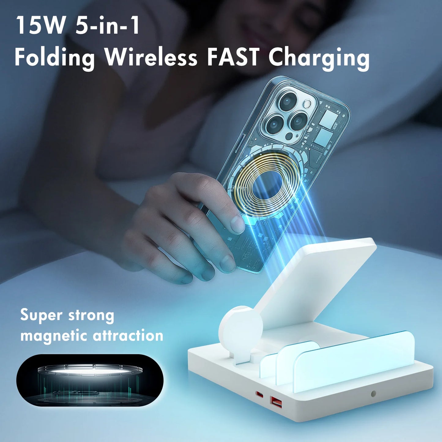 5-IN 1 Magnetic Wireless Charger Station Foldable 15W Fast Charging LED Light For iPhone 16~12 Pro Max Apple Watch AirPods