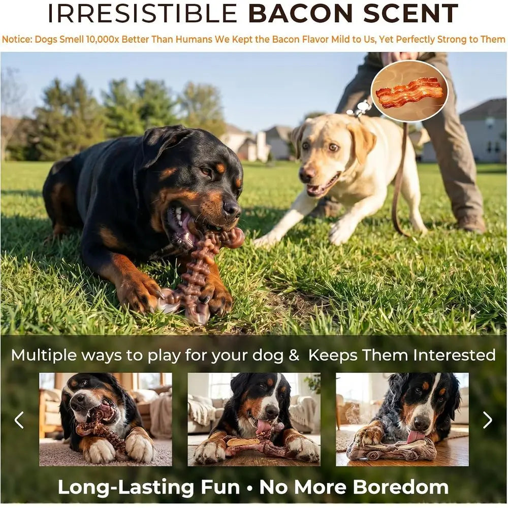 3-Pack Indestructible Dog Chew Toys or Aggressive Chewers: Bacon Flavored Rock-Hard Solid Nylon, Tough Dog Bones for Medium/Larg