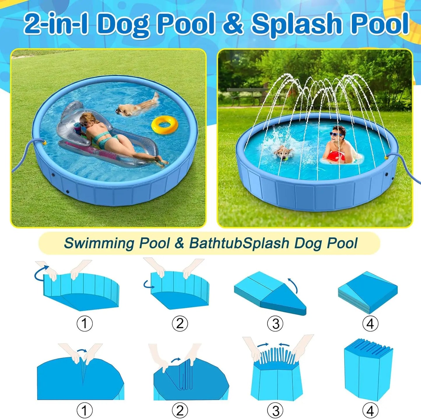 71in Foldable Dog Pool with Cover, Heavy Duty Splash Pad for Large Dogs, Outdoor Summer Water Fun