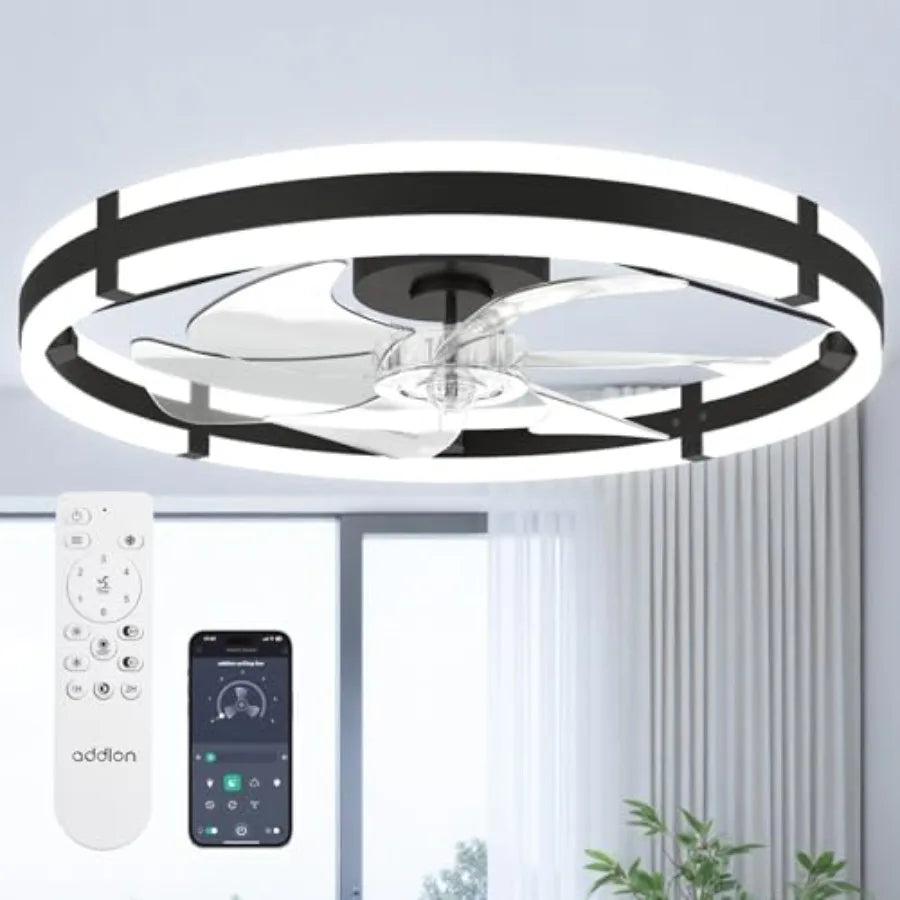 24'' ceiling fan with light for bedroom, kitchen, living room; black metal; dimmable 3000-6000K LED; low-profile flush mount, m