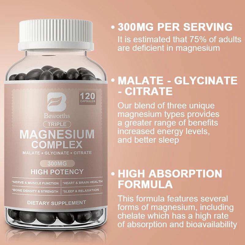 BEWORTHS Magnesium Complex Capsules 300mg Foods Supplements for Muscles, Sleep, Calm, Nervous System & Energy Support