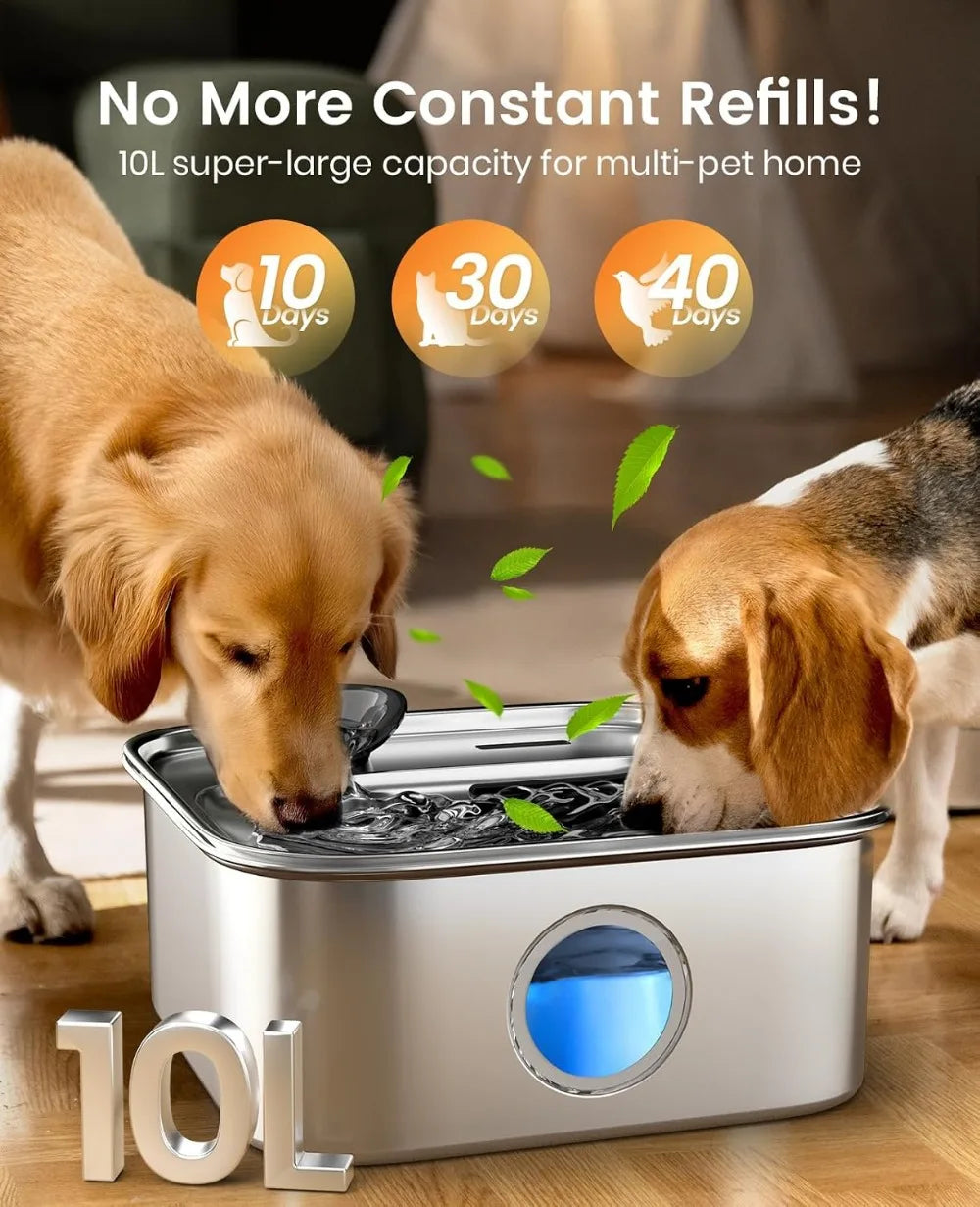 10L/2.6Gal Stainless Steel Dog Water Fountain for Large Breeds, Automatic Dispenser with Wide Deep Bowl, Triple Filtration & Quiet Pump