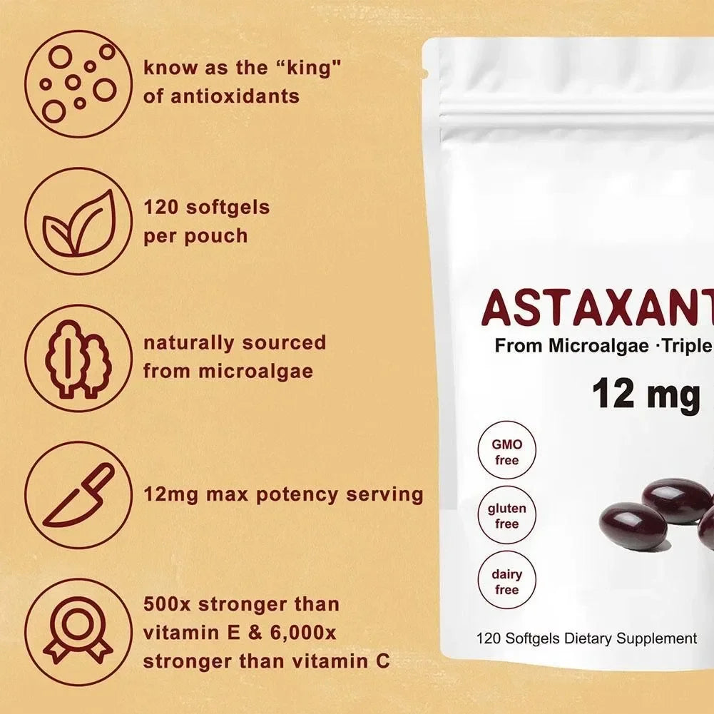 Astaxanthin 12mg with MCT Oil, Premium Astaxanthin Antioxidant Supplements Fresh Microalgae Source, Non-GMO, Gluten Free, No Soy