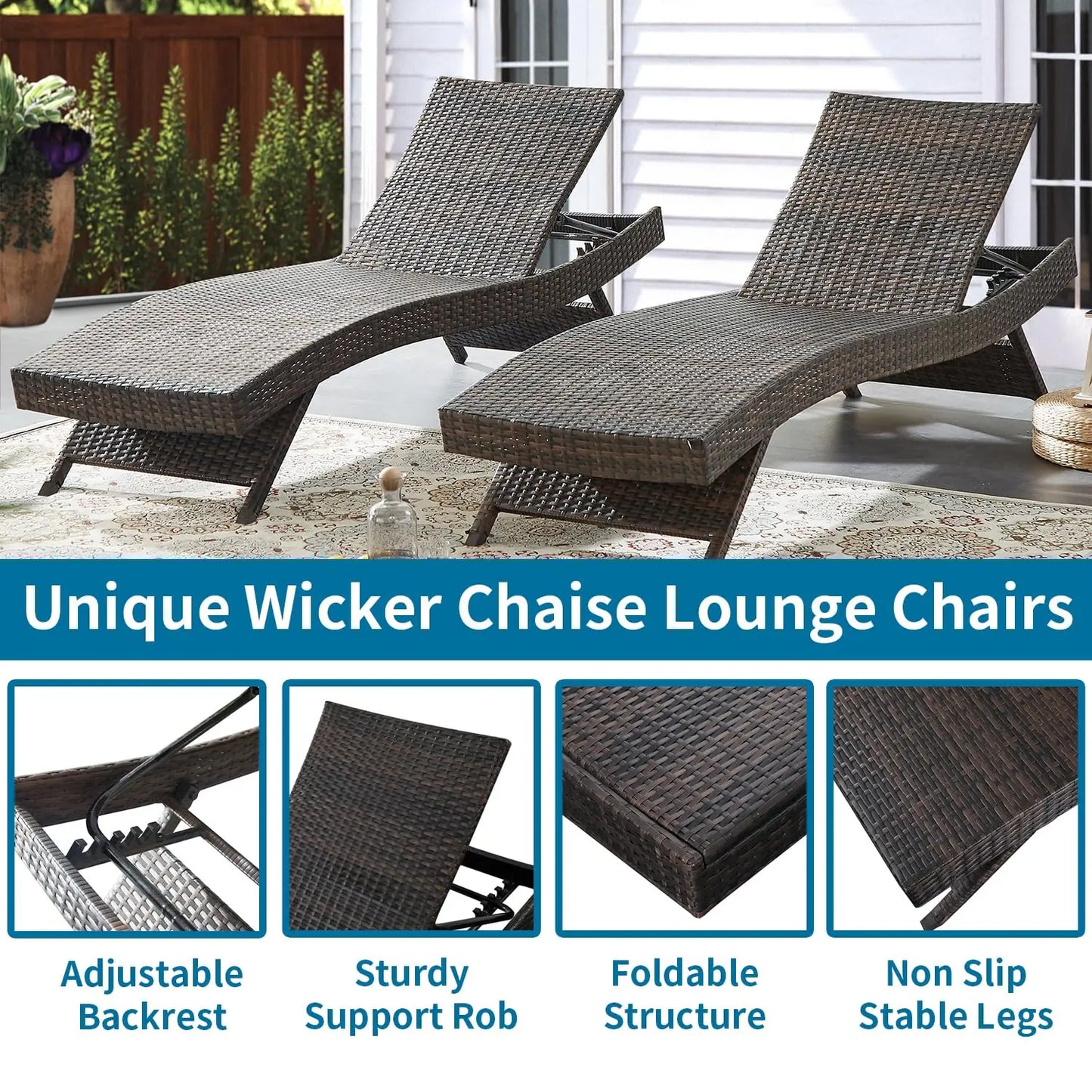 Rattan Adjustable Backrest Chaise Lounge Set 2, Outdoor Pool Recliner Patio Chairs Lounge Chair Set 2 for, Customized
