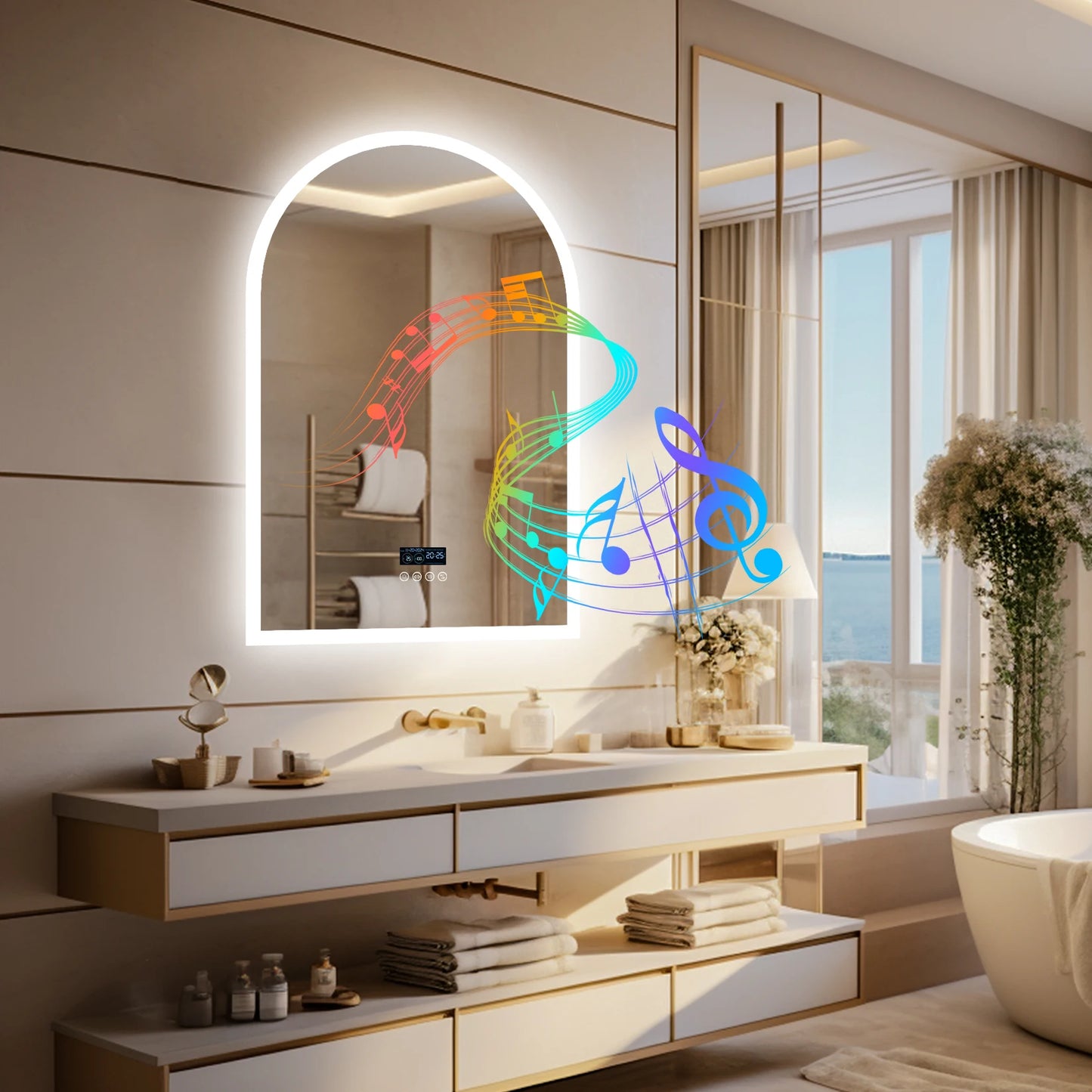 LUVODI Arched Bluetooth Bathroom Mirror with LED Backlight Dimmable Fogless Vanity Mirror with Time And Temperature Display
