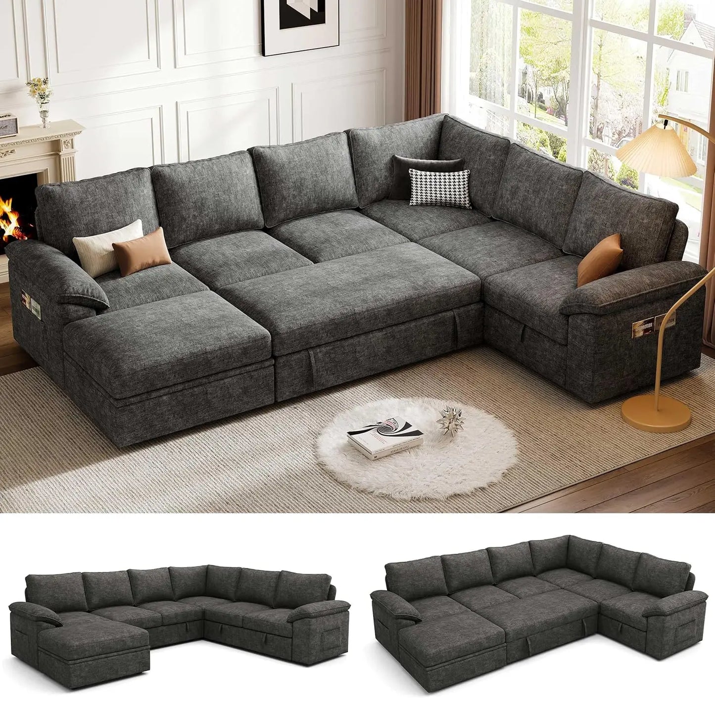 108 Inch Modular Sectional Sofa with Pull Out Bed, U Shaped 7 Seat Sectional Sleeper Sofa with Storage, Sectional, Customized