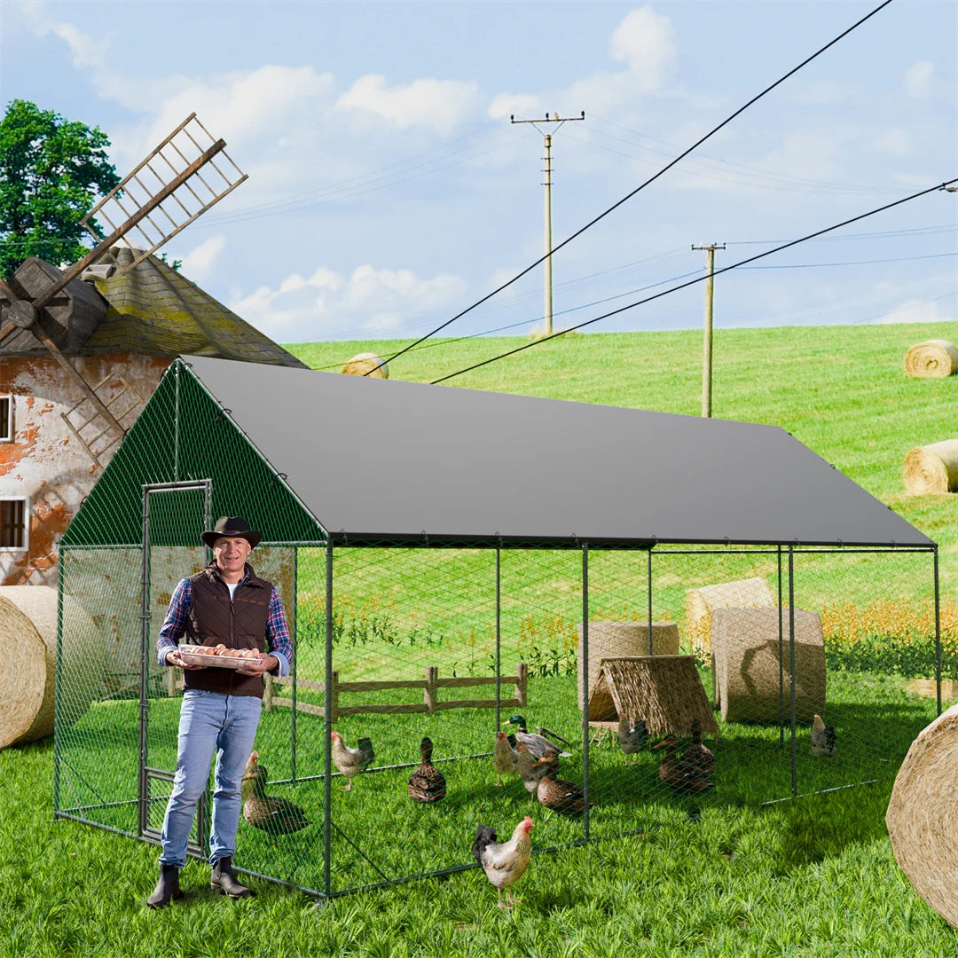 BINGOPAW Large Outdoor Chicken Coop with Metal Turkey Running Cage Duck House Waterproof 600D Oxford Cloth Cover for Backyard