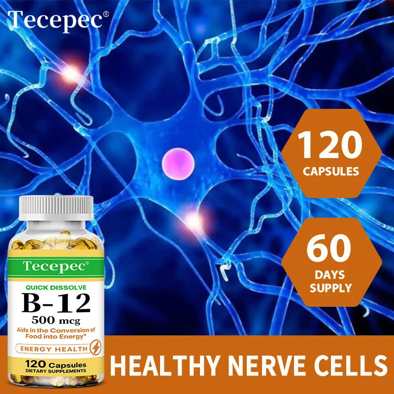 Vitamin B12 Capsules 500mcg - Support Energy, Brain, Heart, Immune Health, Mood, Metabolism & Neurosystem, Vegan, 120 Capsules