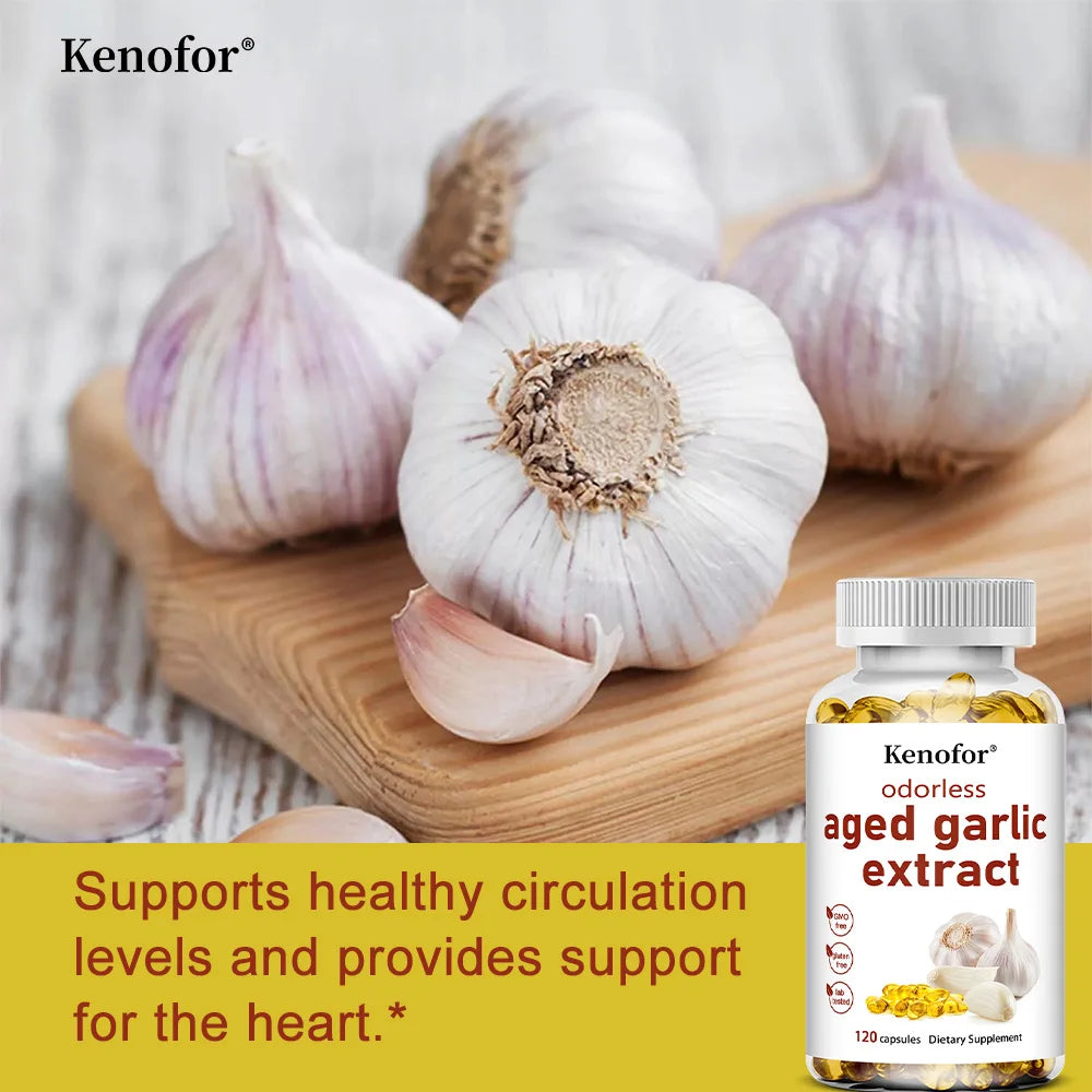 Odorless Aged Garlic Extract Capsules, Health & Energy Support, Cleansing and Detoxification, Non-GMO, Non-Soy