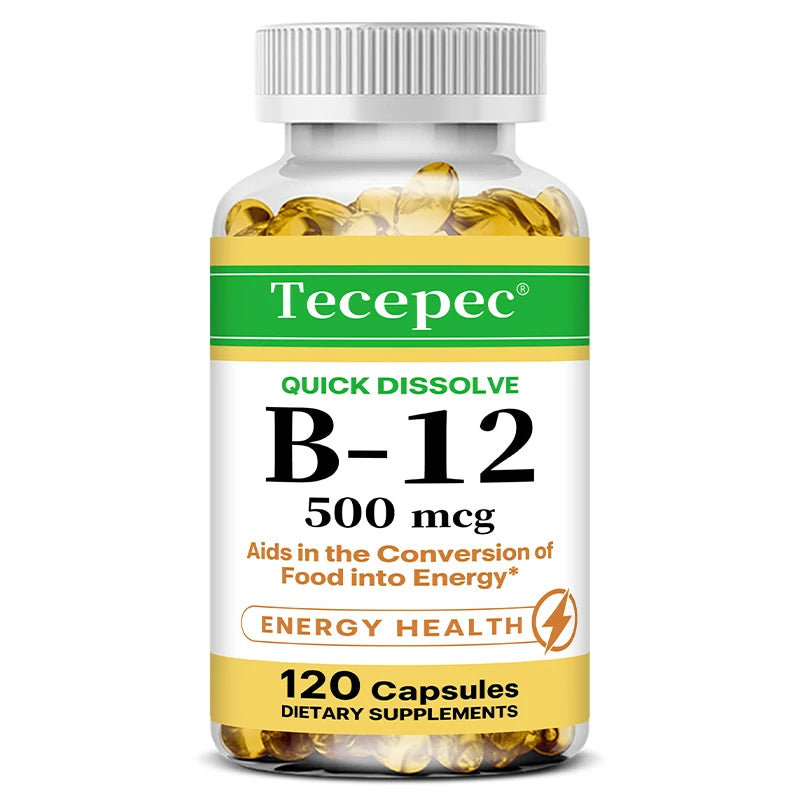 Vitamin B12 Capsules 500mcg - Support Energy, Brain, Heart, Immune Health, Mood, Metabolism & Neurosystem, Vegan, 120 Capsules