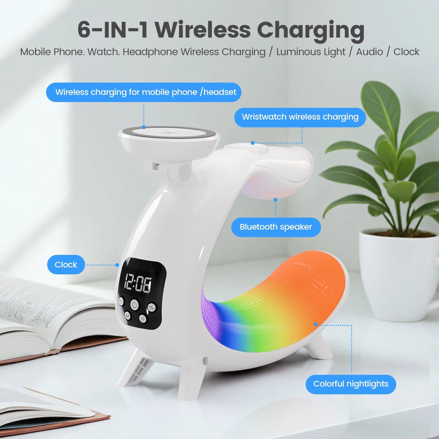 Magnetic Wireless Charger 6 In 1 With Bluetooth Speaker Clock