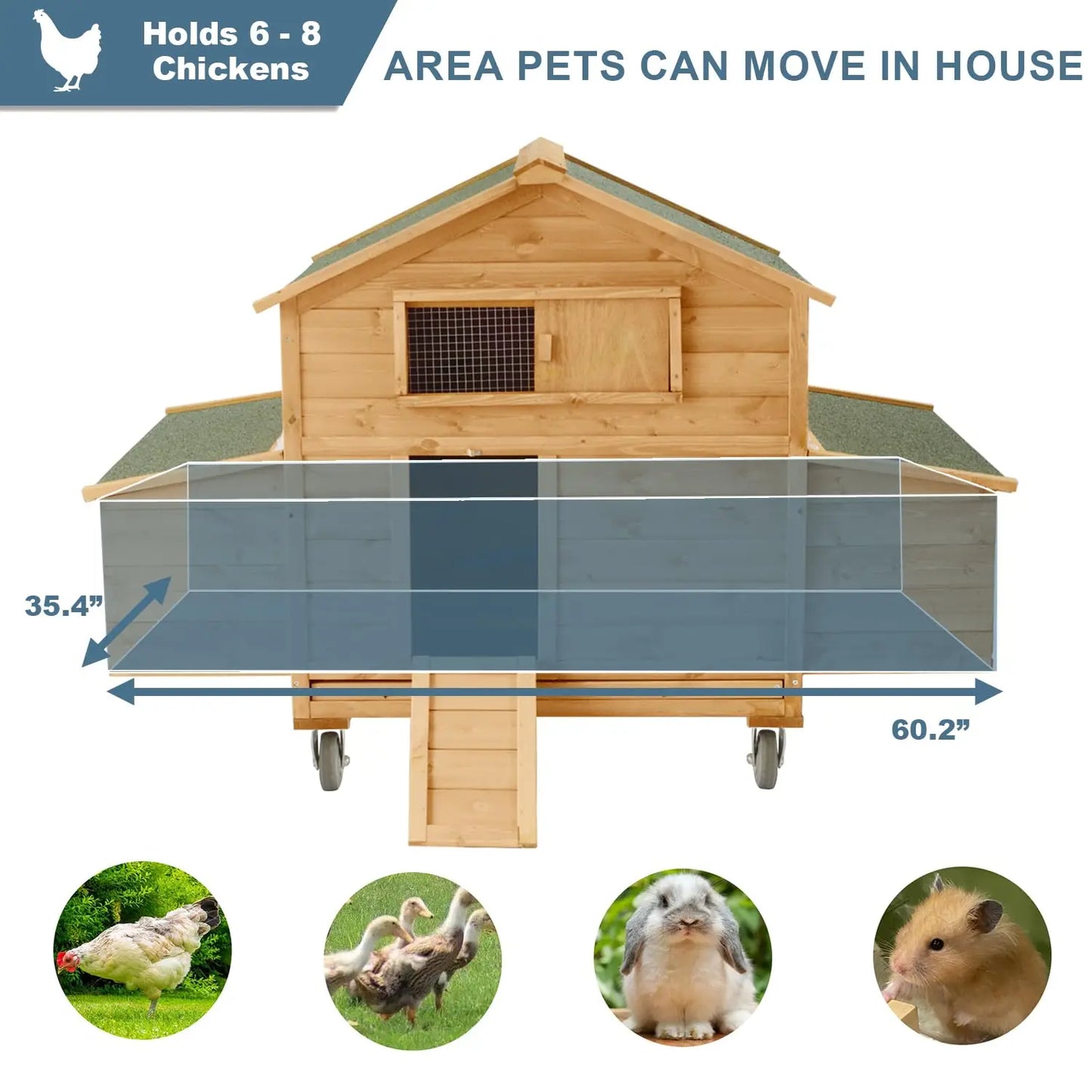 Large Chicken Coop with Wheels, Waterproof Outdoor Hen House for 6-8 Chickens, Movable Chicken House with Two, Customized