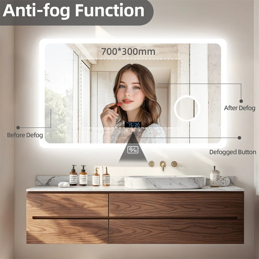 Bluetooth LED Bathroom Mirror 120x70cm Rectangle 3X Magnifying Tempered Glass Makeup Dressing Mirror with Time Display