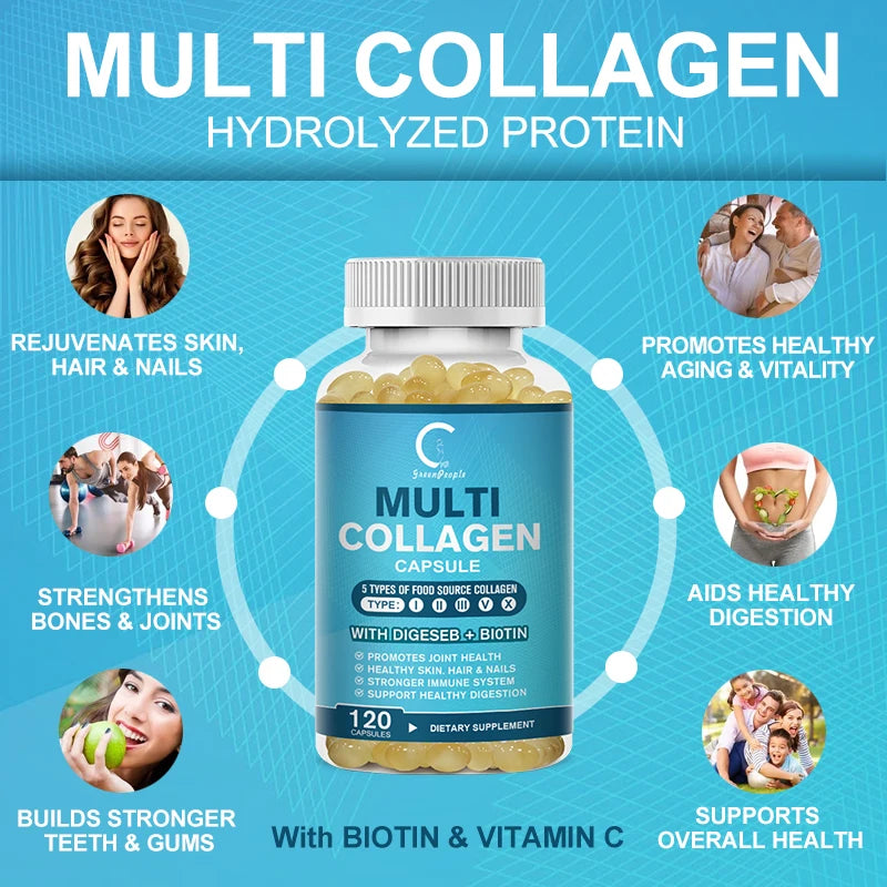 GPGP GreenPeople Multi Collagen Complex Capsule Collagen Hydrolyzed Protein for Hair,Skin,Nails for Women & Men Anti-Aging