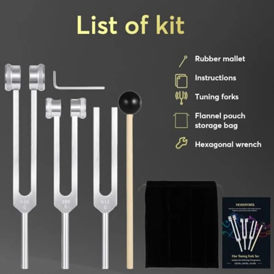 Tuning Forks for Healing Set 128Hz, 256Hz, 512Hz,Weighted Tuning Fork for Sound Therapy/Meditation/Yoga and Chakra with Mallet,