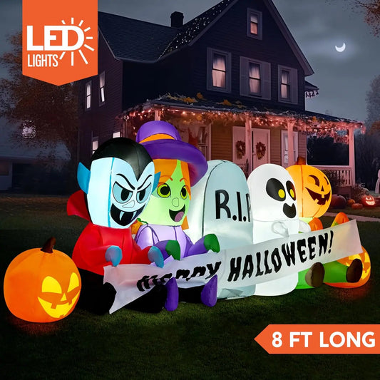 8 FT Long Pumpkin Ghost Vampire Witch Tombstone Inflatable Halloween Decor Outdoor Halloween Blow Up Decorations Inflatable  with LEDs for Yard Decorations