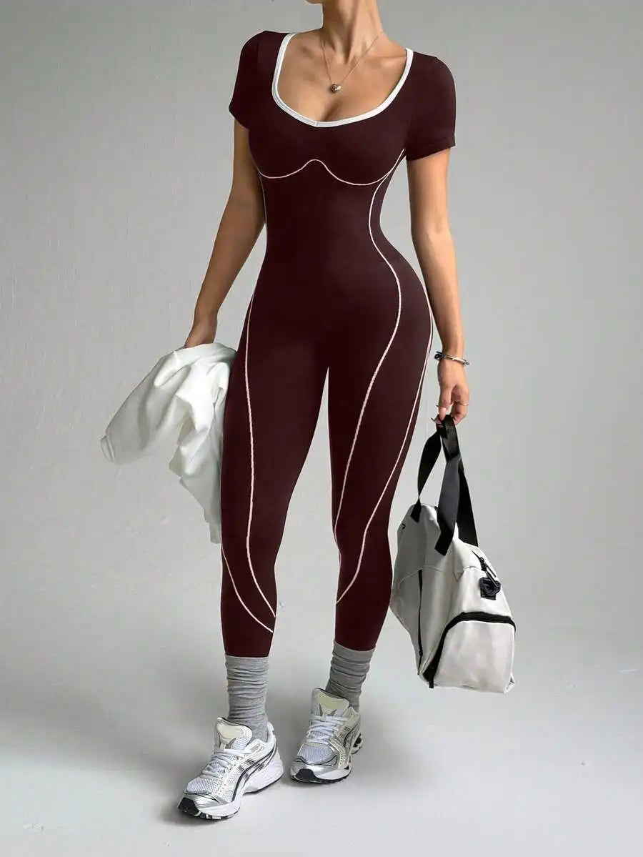 Dewbera Seamless Letter Design Women's Yoga Jumpsuit: Tummy Control Compression Activewear for Running & Fitness