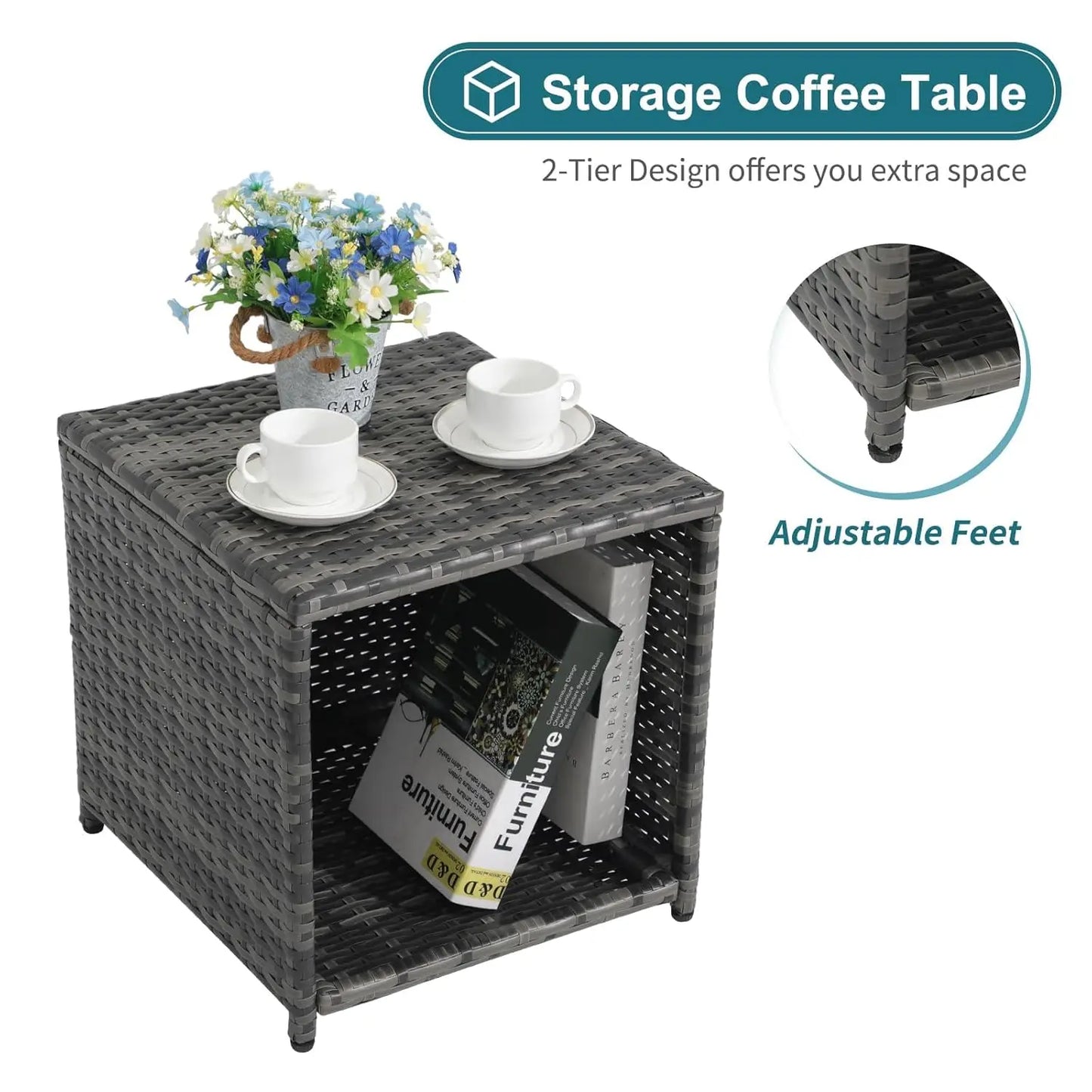 5 Piece Patio Furniture Set, Wicker Outdoor Conversation Chair and Ottoman Set with Coffee Table, Pillows Included,, Customized