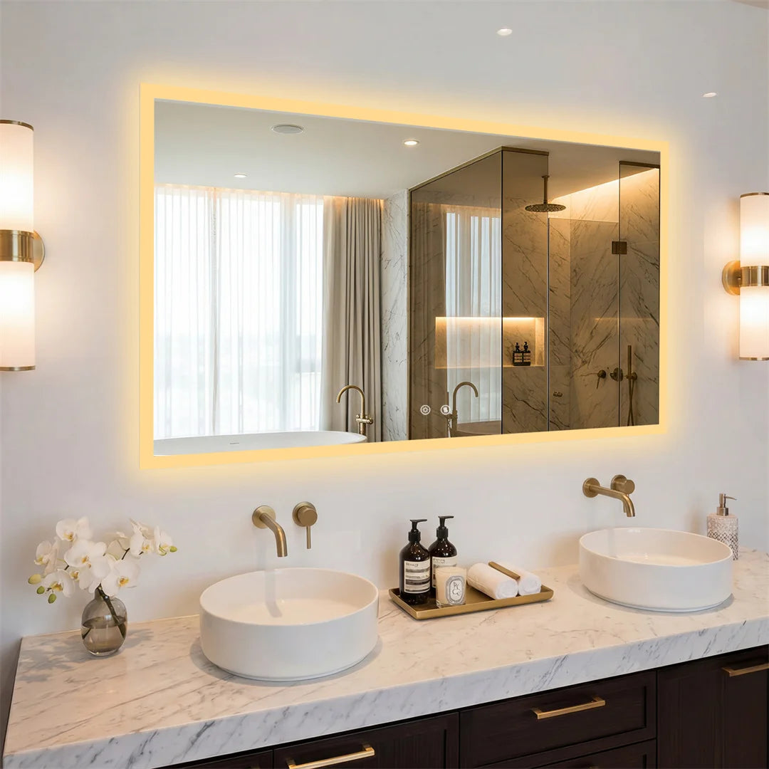 LED Rectangular Wall Mount Smart Bathroom Vanity Mirror Tempered Glass with 3 Color Temperature Options And Defog Feature for Makeup
