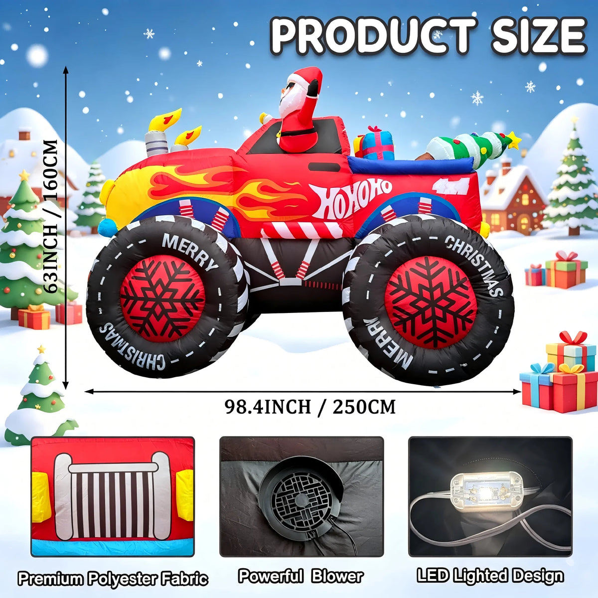 8 FT Christmas Inflatable Monster Truck, Blow Up Santa Claus Driving Red Truck with Gifts & Tree
