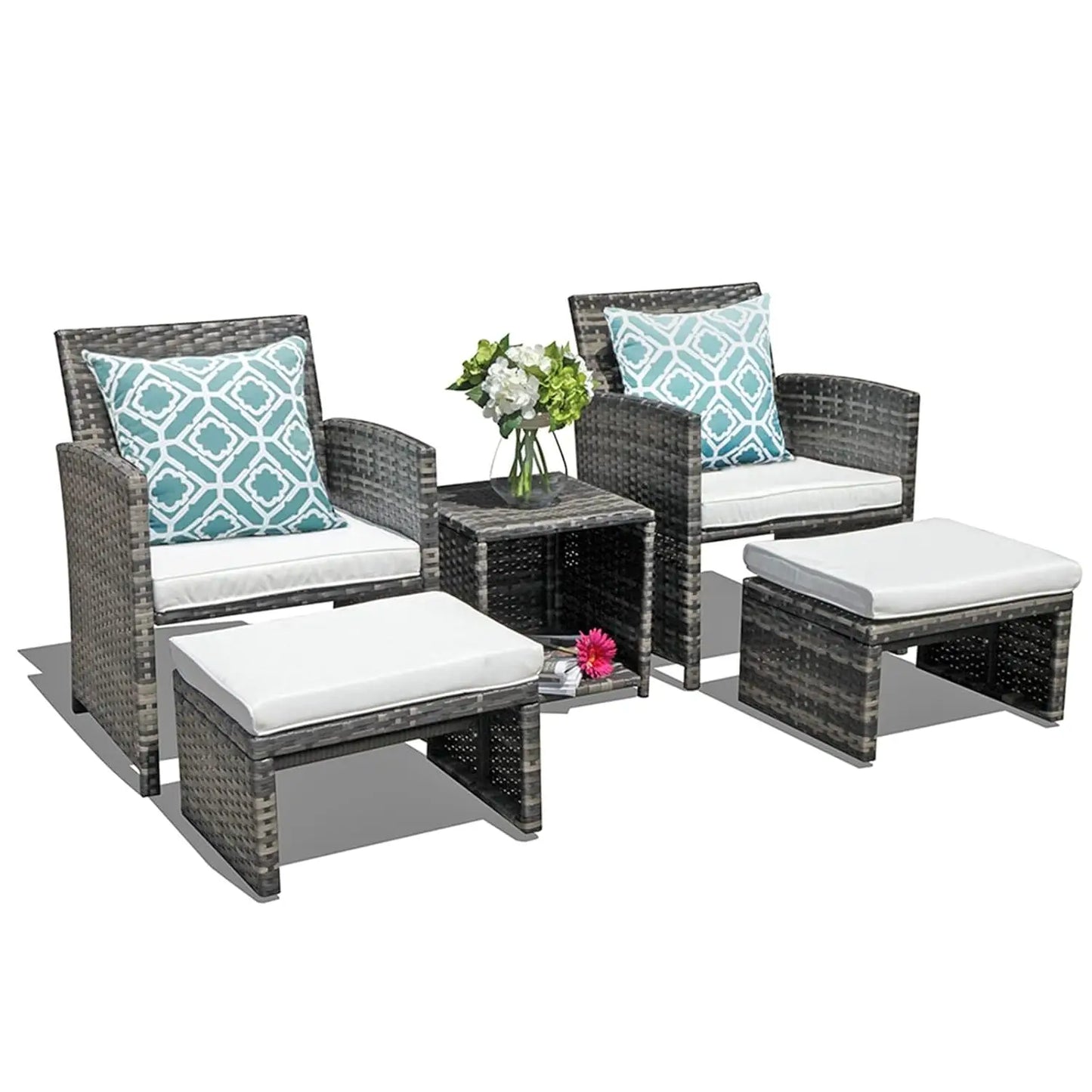 5 Piece Patio Furniture Set, Wicker Outdoor Conversation Chair and Ottoman Set with Coffee Table, Pillows Included,, Customized