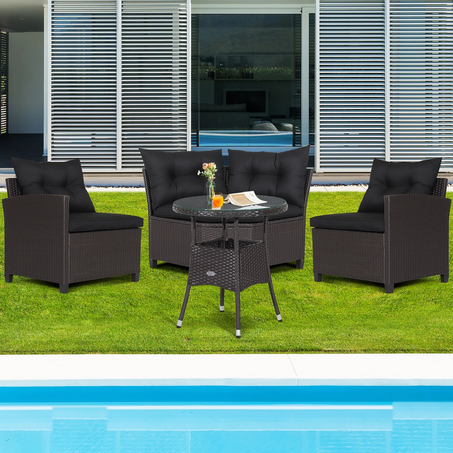 4PCS Patio Rattan Furniture Set Cushioned Sofa Glass Table Garden Black
