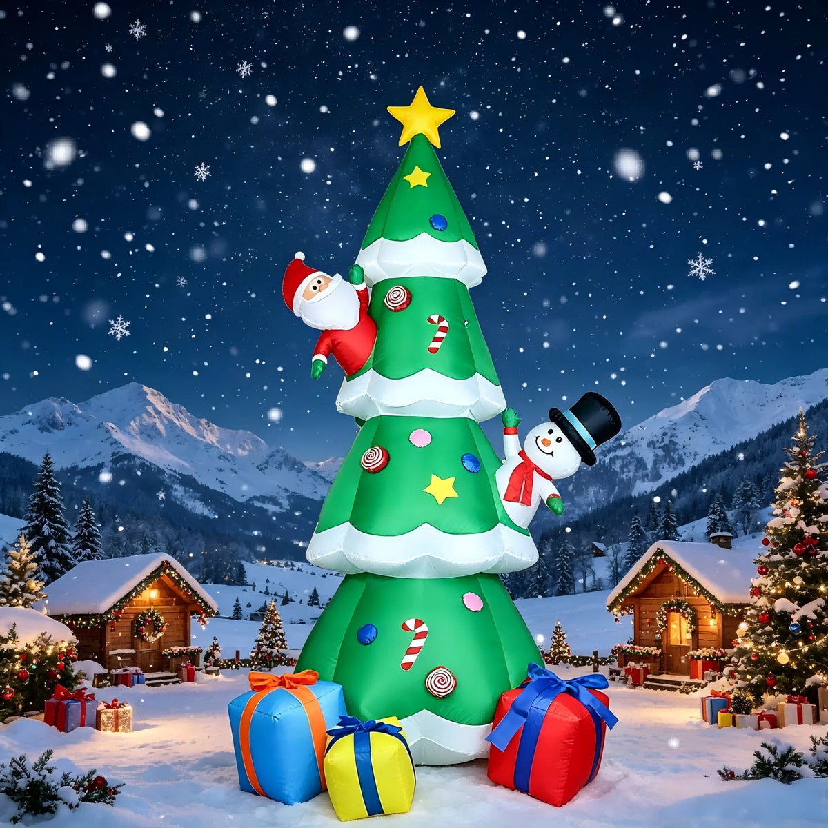 9FT Blow Up Christmas Tree with Santa & Snowman, Built-in LED Lights,