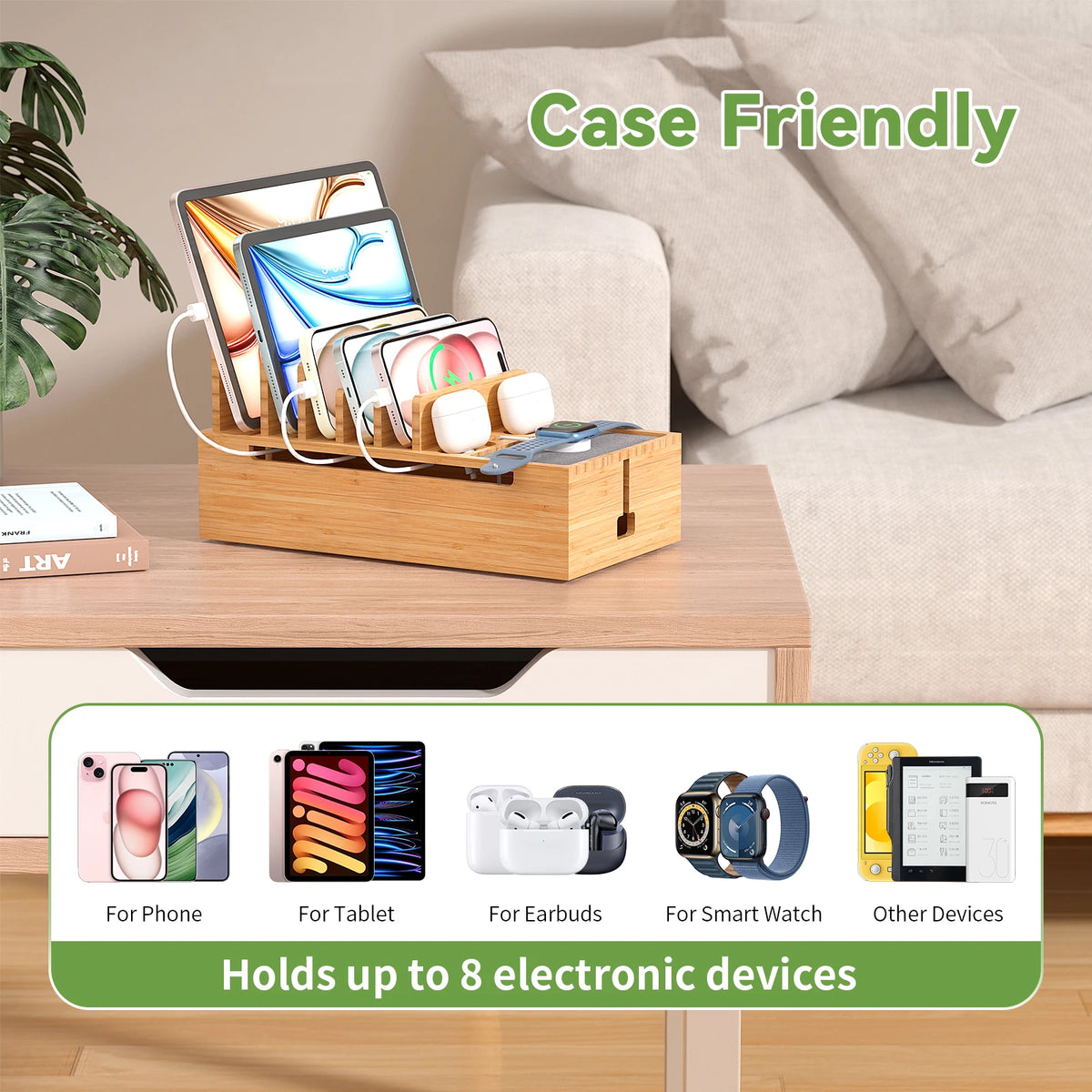 Bamboo Charging Station Organizer for Phones and Tablets