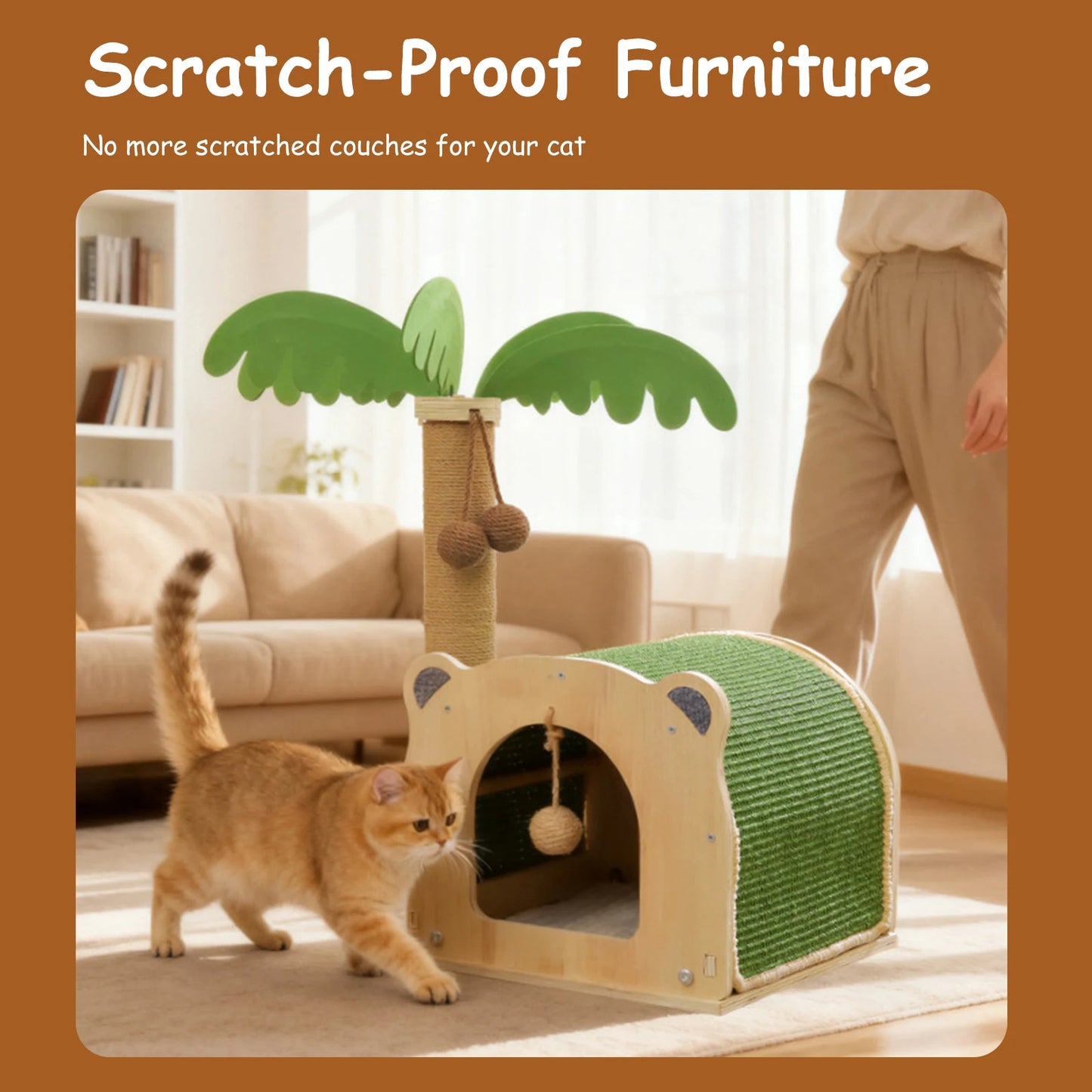 Coconut Tree Sisal Scratch Posts with Hanging Balls Cat Toy Wooden Interactive Condo for Kittens and Cats