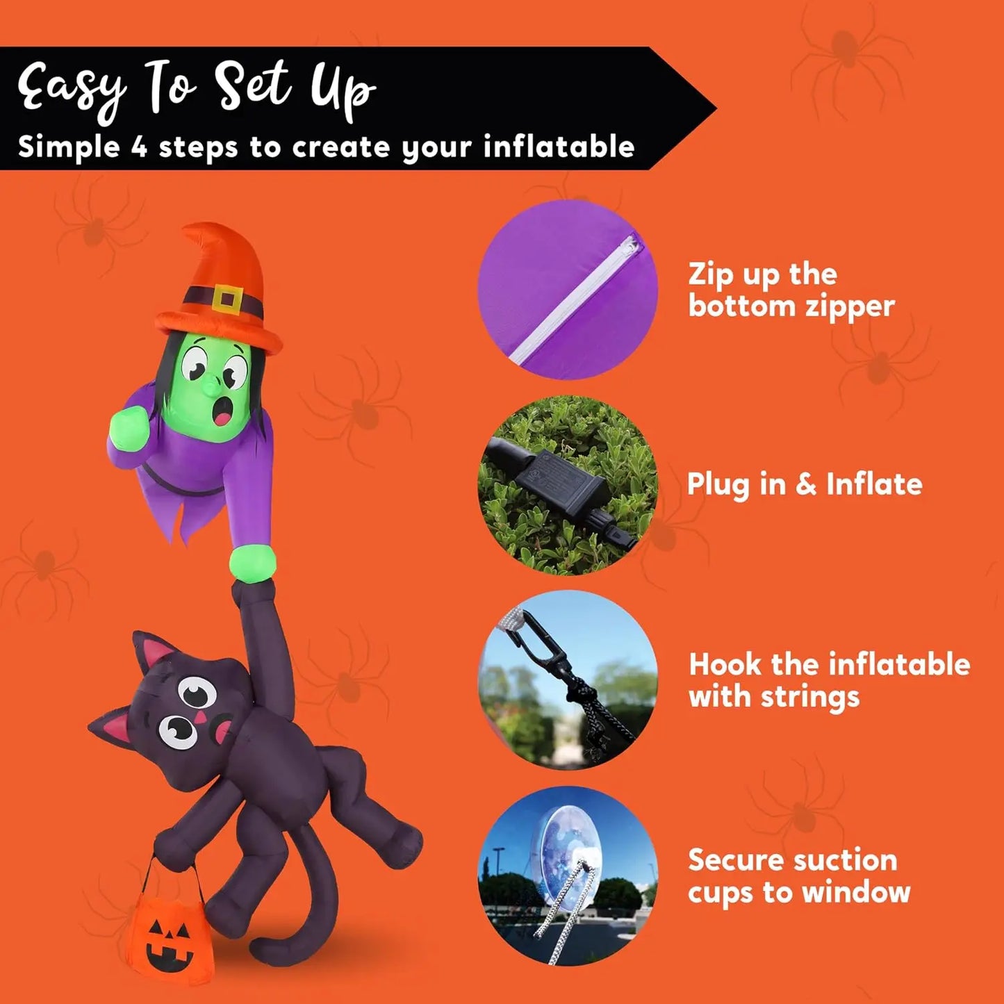8FT Tall Witch and Black Cat Halloween Blow Up Roof Decoration  Inflatable Decoration with LED Lights Giant Halloween Inflatables for Outdoor Yard Roof Decor Indoor Garden Lawn Party Supplies
