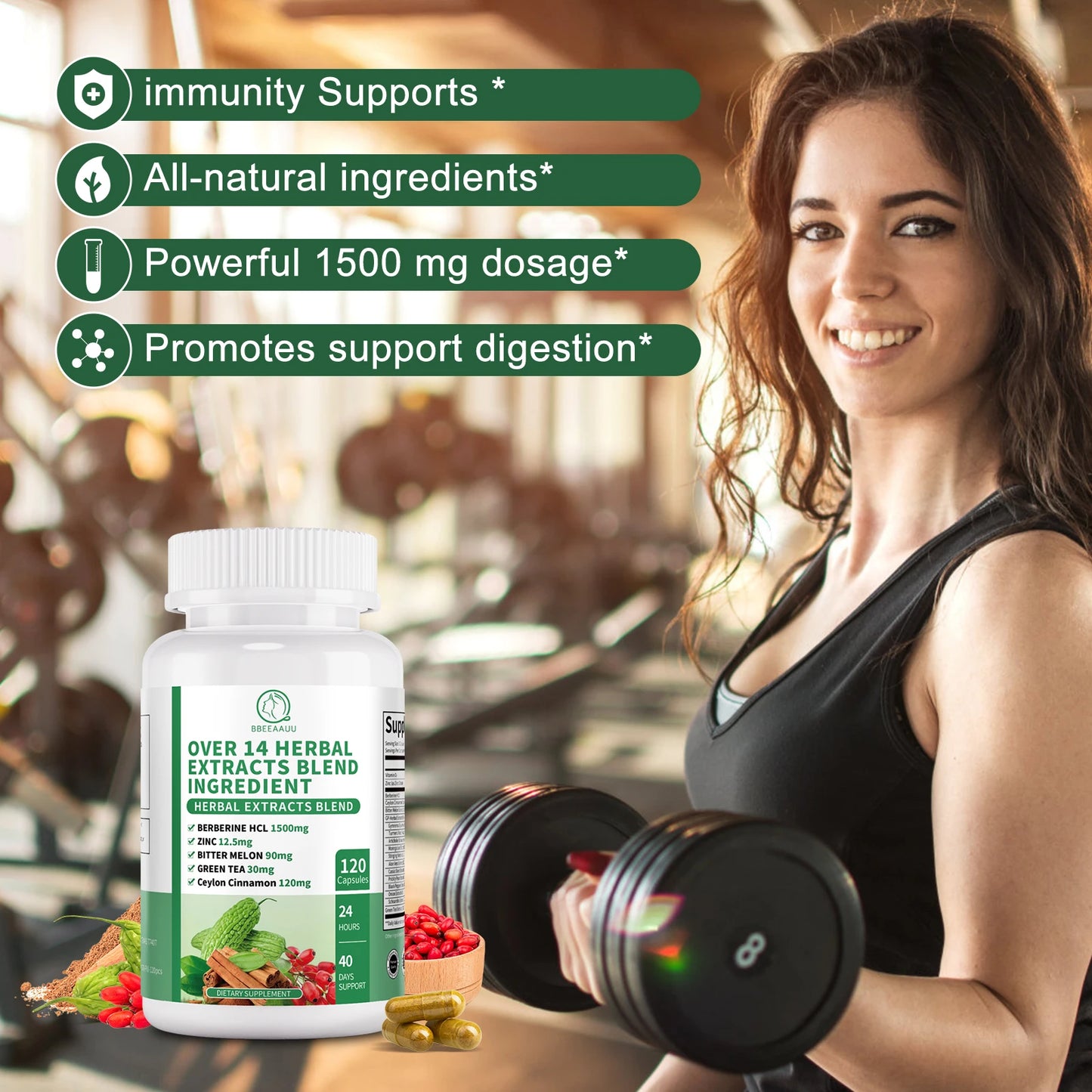 BBEEAAUU 1500MG Berberine HCL with Cinnamon, Bitter Gourd Promotes Liver Function, Gut Health, Immunity Health