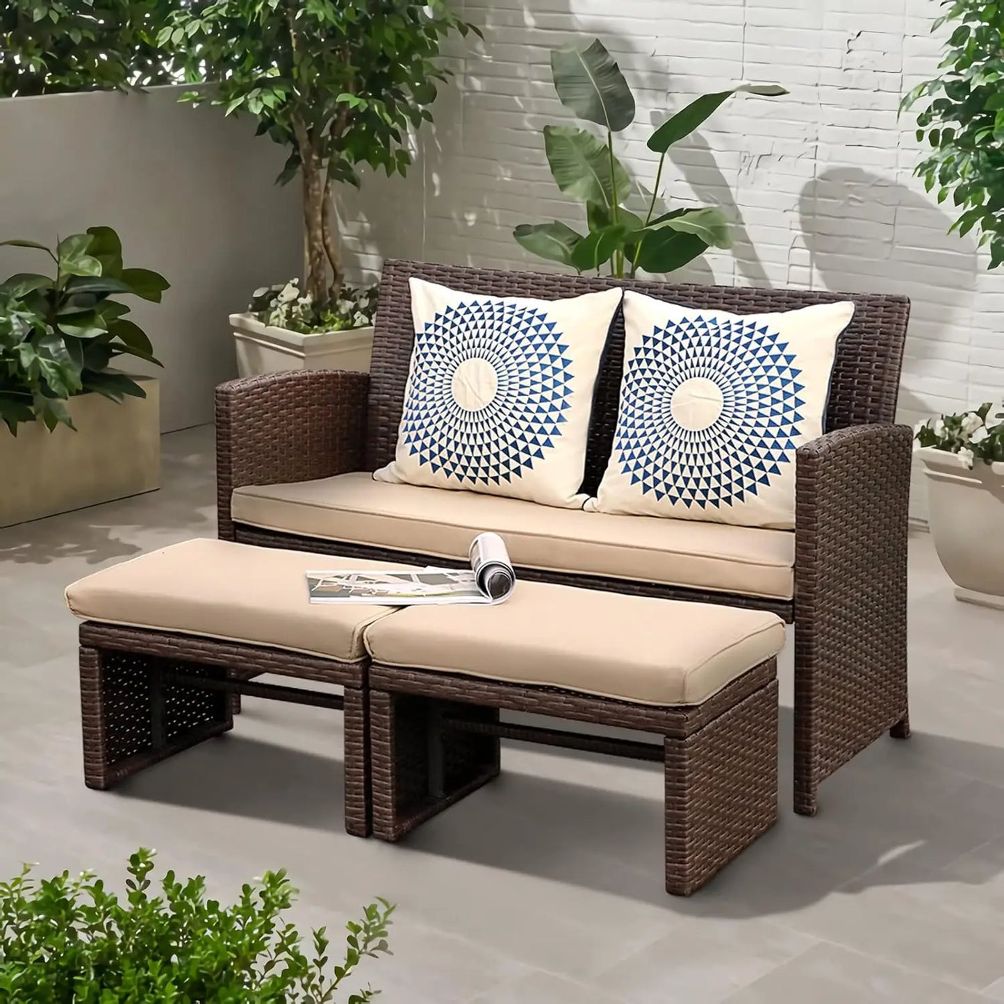 Outdoor Loveseat 3 Piece Patio Furniture Set Outdoor Conversation Set All-Weather Wicker Love Seat with, Customized