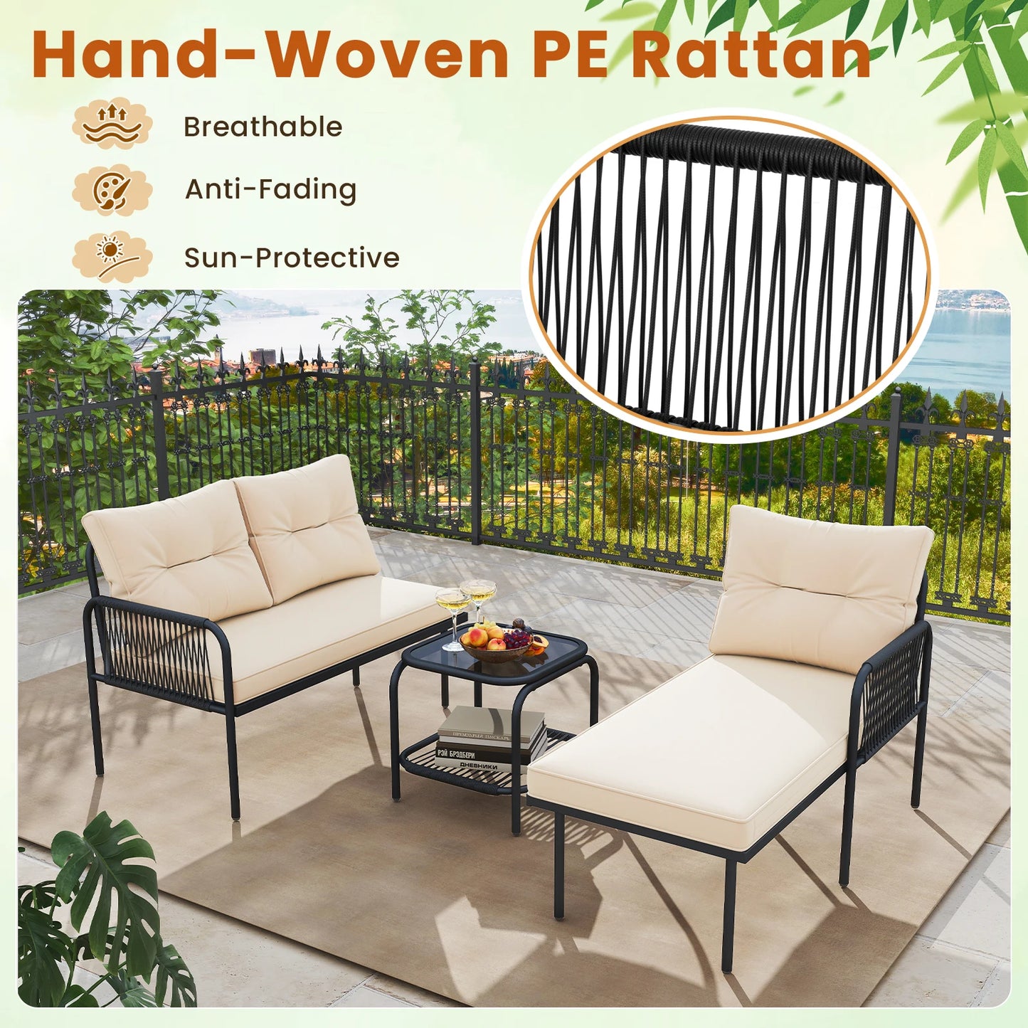 3-Piece L Shaped Patio Furniture Set w/Tempered Glass Table Back & Seat Cushions