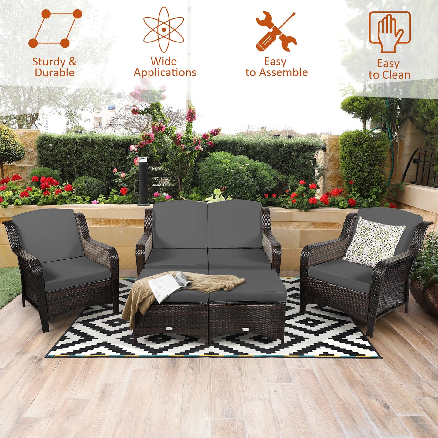 5 Pieces Patio Furniture Set Outdoor Rattan Conversation Sofa Set W/ Cushions