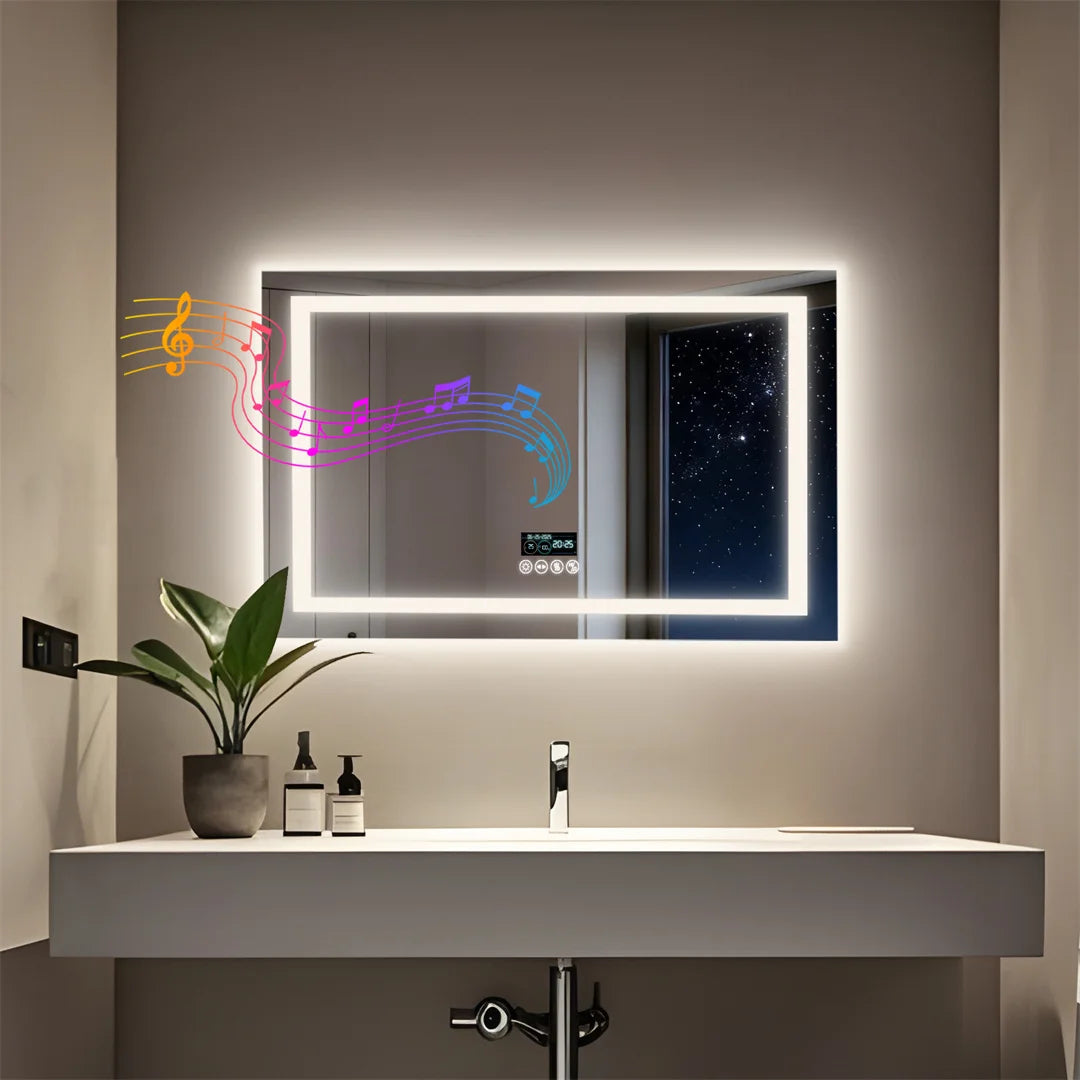 Rectangle Bluetooth Lighted Bathroom Mirror, Illuminated Smart Vanity Mirror with NdFeB Speaker and Time Temperature Display