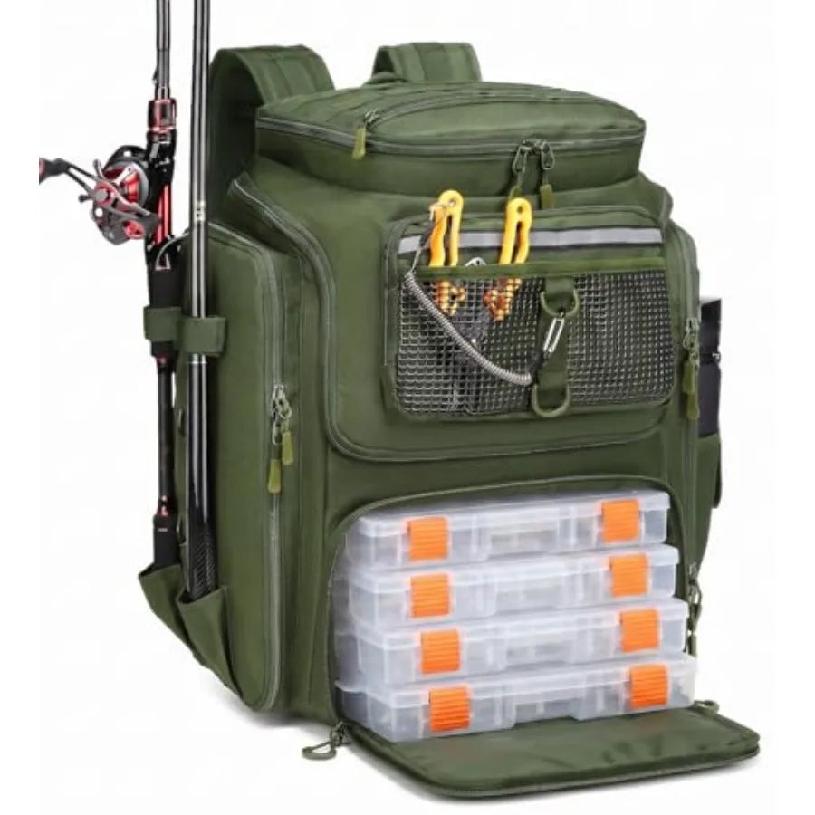 Fishing Backpack 45L with Rod Holders, Water-Resistant Tackle Backpack for Fishermen, Large Capacity Fishing Gear Bag for Trave