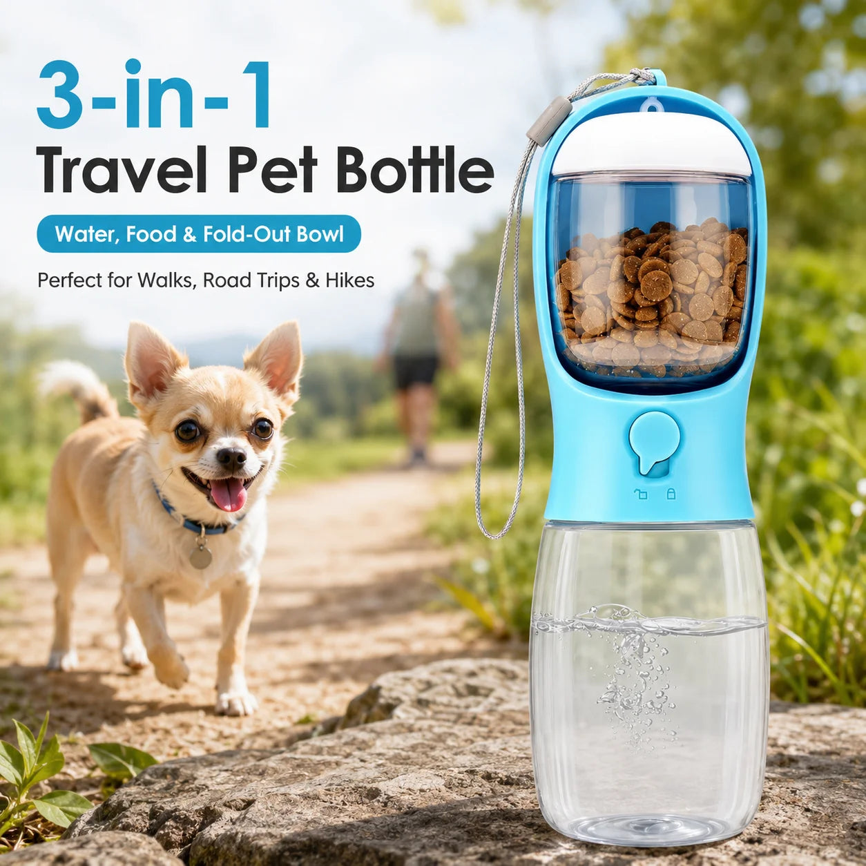 Portable Dog Water Bottle with Food Container, Leak-Resistant 3-in-1 Pet Travel Dispenser with Bowl for Small Dogs and Cats