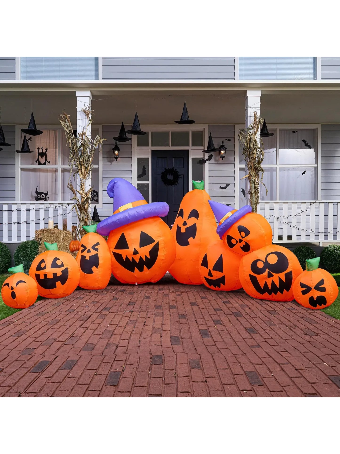 12.5 FT Long Pumpkin Halloween Inflatable with Witch Hat Decorations Inflatables with Build-in LEDs for Halloween Decor