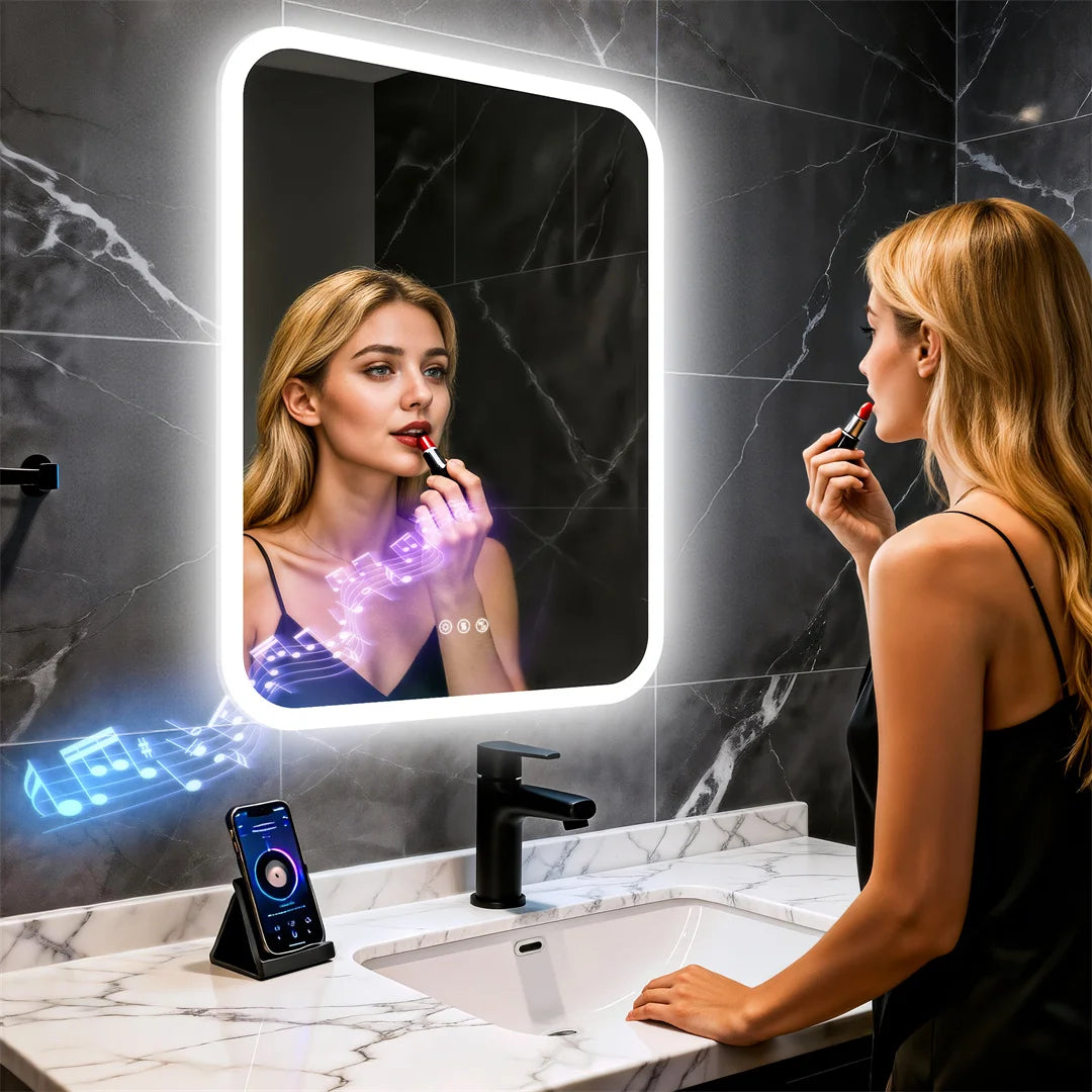 LUVODI 60x80cm Rectangle Smart LED Bathroom Mirror with Bluetooth Speaker - Anti Fog Illuminated Vanity Makeup Mirror Dimmable 3 Colors Wall LED Backlight