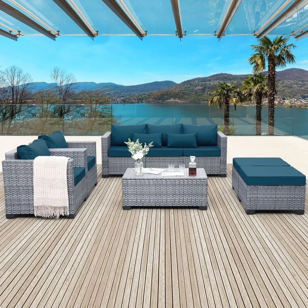 6 Pieces Wicker Patio Furniture Sets Outdoor Conversation Set HDPE Rattan Sectional Sofa Couch with Storage Table, Customized