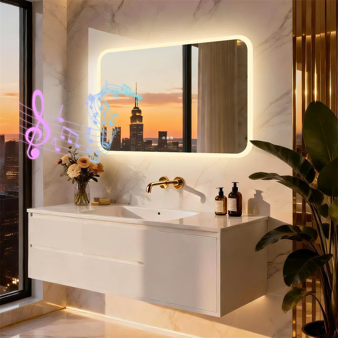 LUVODI 60x80cm Rectangle Smart LED Bathroom Mirror with Bluetooth Speaker - Anti Fog Illuminated Vanity Makeup Mirror Dimmable 3 Colors Wall LED Backlight