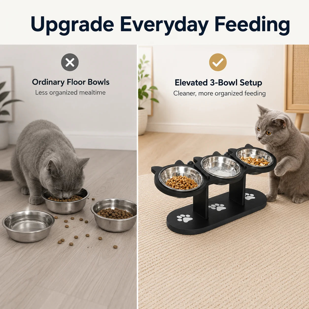 15° Tilted Elevated Cat Bowl Stand with 3 Stainless Steel Bowls for Cats, Puppies and Small Pets, Detachable, Easy to Clean